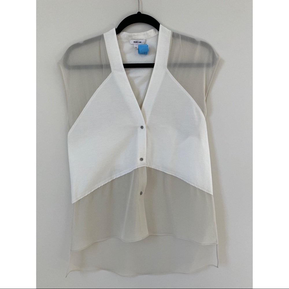 Helmut Lang Short Sleeve Sheer Button Down Blouse